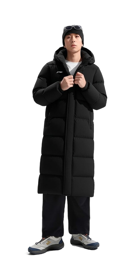 Black hooded long puffer down jacket on model, zip front with thick insulated panels.