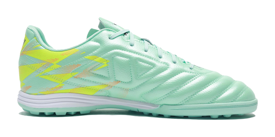 Mint green TF turf soccer shoe, lime-to-yellow side graphic and stitched panels
