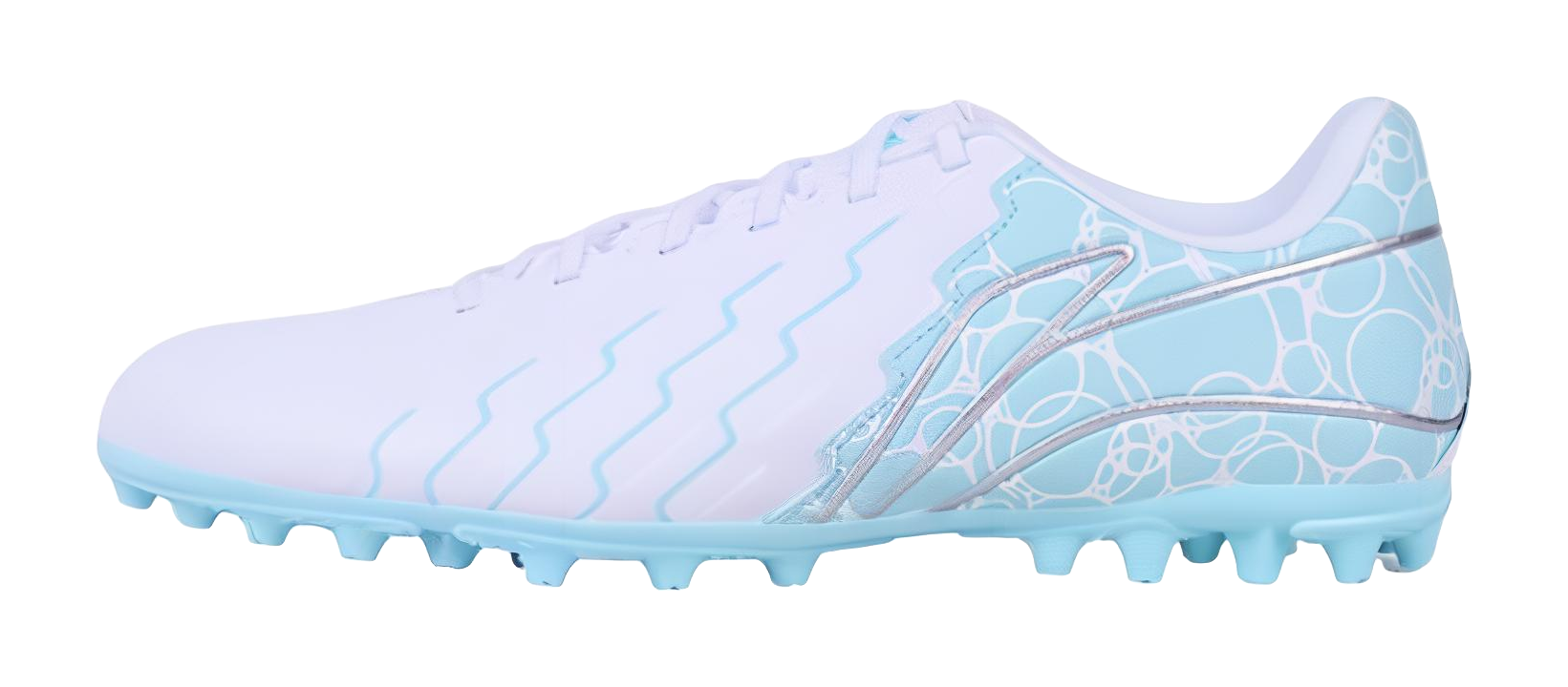 Men's multi-ground soccer cleat, white and light-blue with blue laces