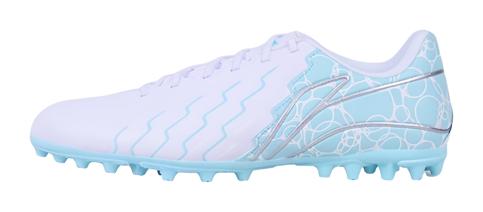 Men's multi-ground soccer cleat, white and light-blue with blue laces