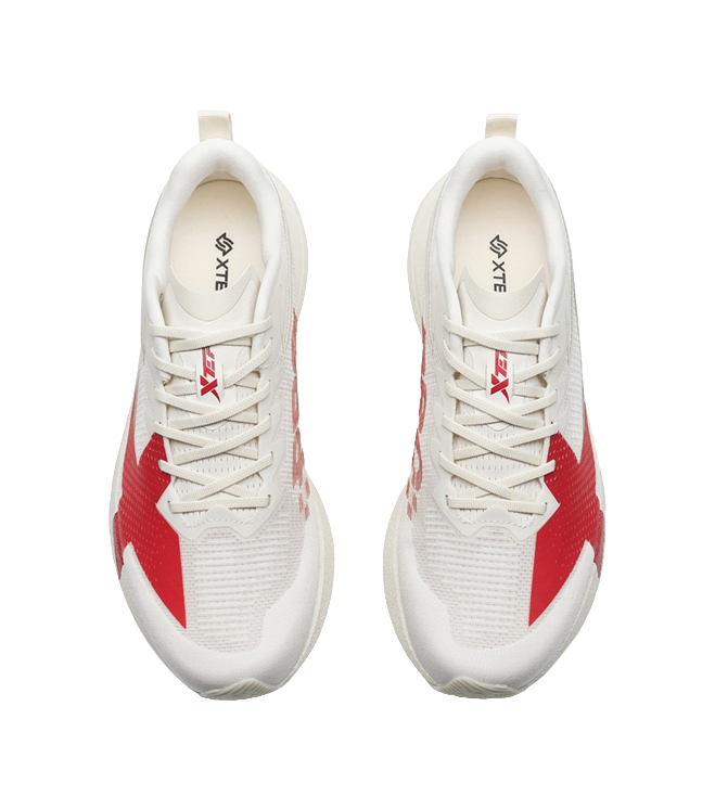 Low-top running shoes, white mesh with red side stripes, lace-up front and padded collar.