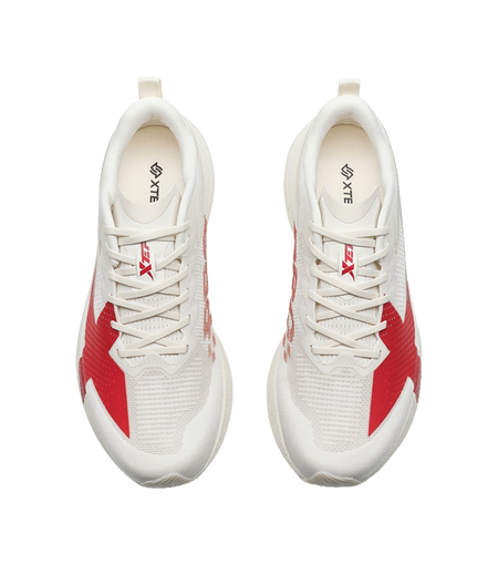 Low-top running shoes, white mesh with red side stripes, lace-up front and padded collar.