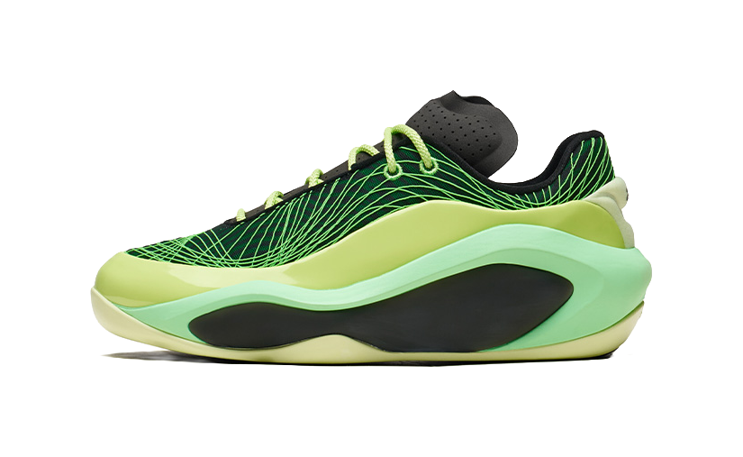 Men's low-top basketball shoe with green mesh upper and black collar, lime sole