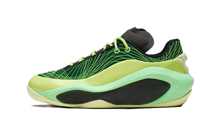 Men's low-top basketball shoe with green mesh upper and black collar, lime sole