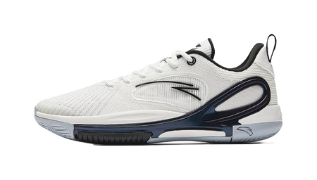 Men's low-top basketball shoes, white knit upper with navy swoosh stripe