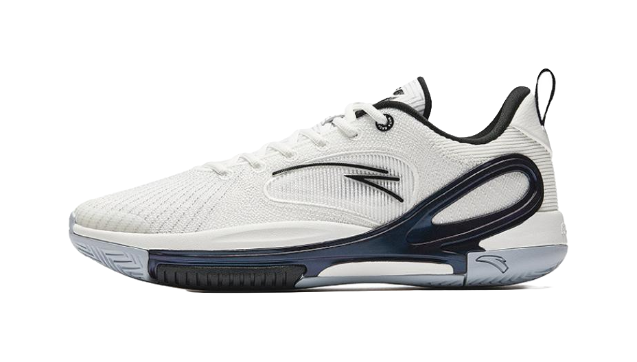 Men's low-top basketball shoes, white knit upper with navy swoosh stripe