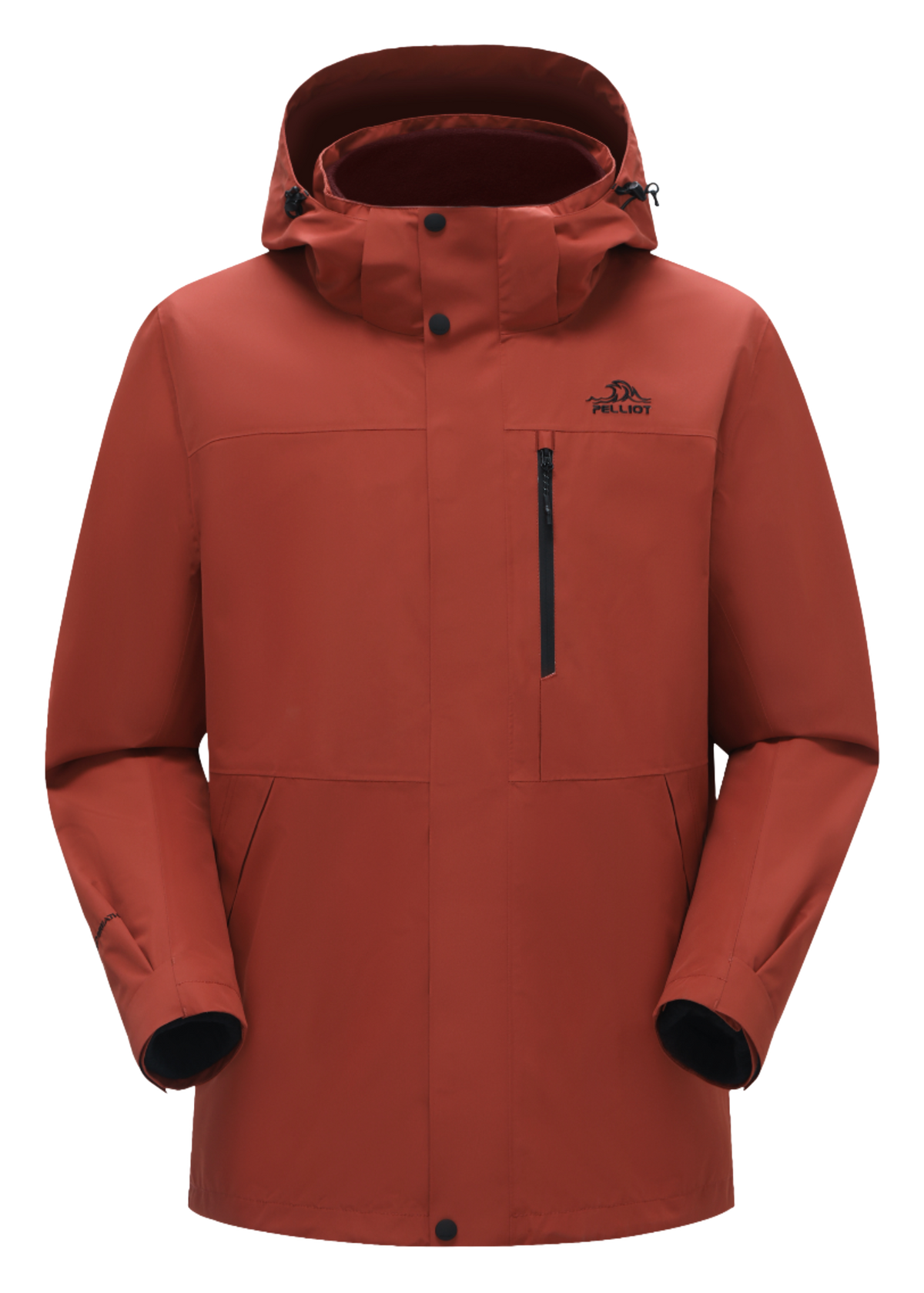 Rust red men’s hooded windbreaker jacket with zip front and chest zip pocket
