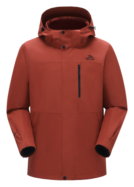 Rust red men’s hooded windbreaker jacket with zip front and chest zip pocket
