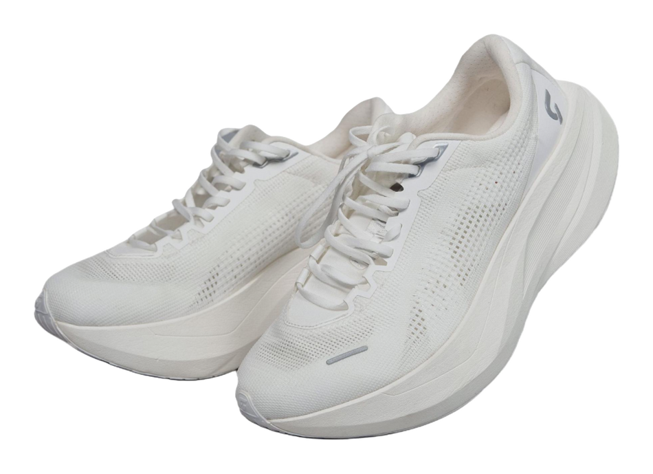 White unisex running shoe pair with lace-up knit upper and thick cushioned sole.