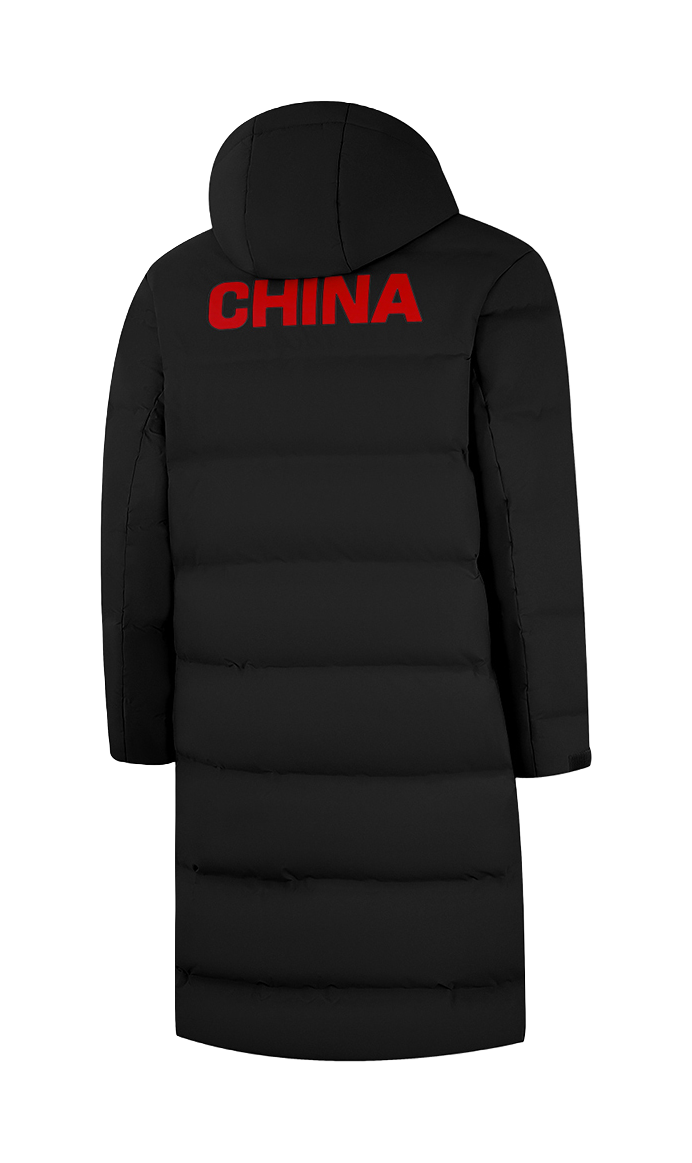 Li-Ning black hooded down coat, back with CHINA print, zip-front