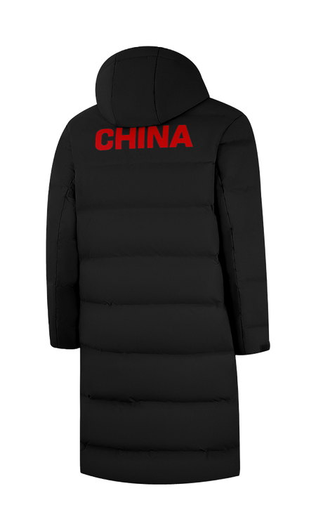Li-Ning black hooded down coat, back with CHINA print, zip-front