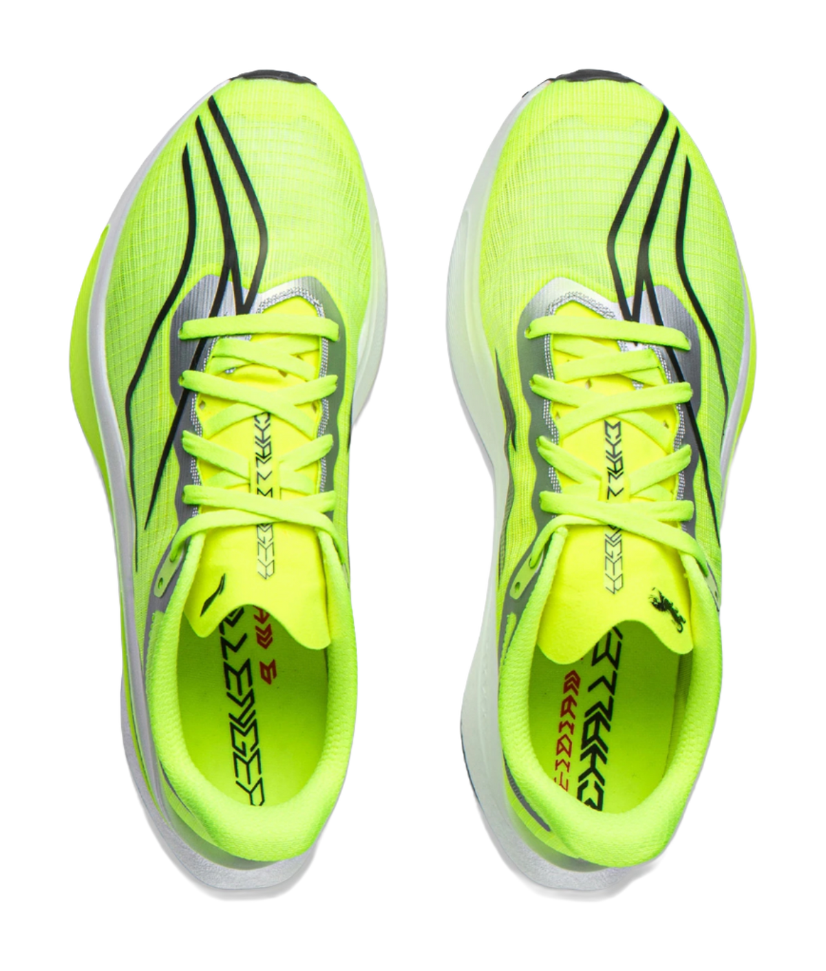 Pair of neon green running shoes with lace-up front and mesh-textured uppers