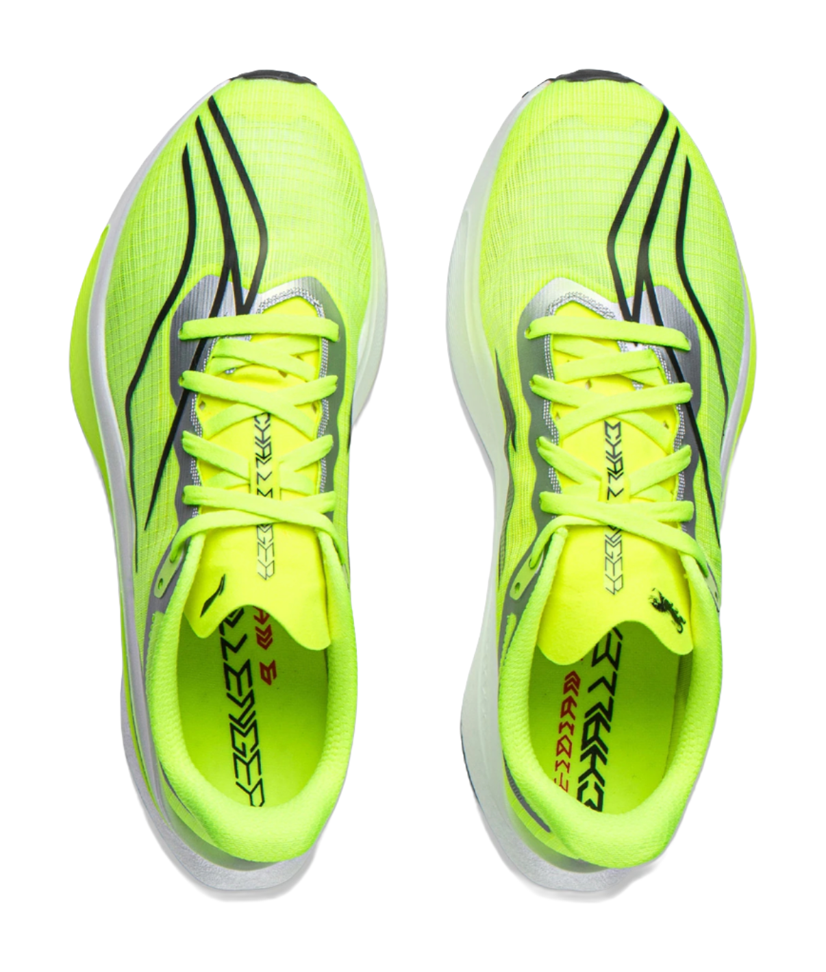 Pair of neon green running shoes with lace-up front and mesh-textured uppers