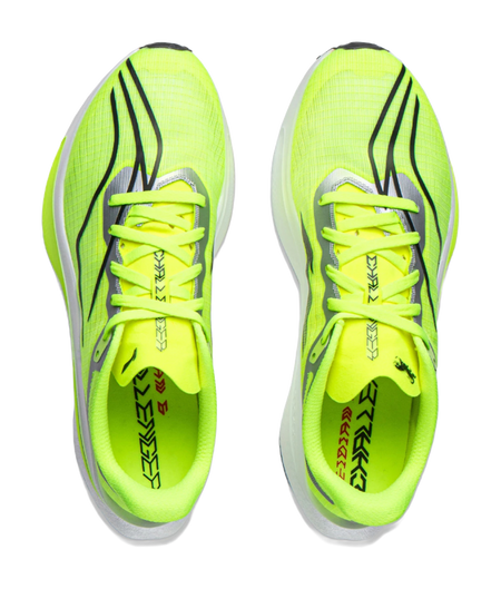 Pair of neon green running shoes with lace-up front and mesh-textured uppers