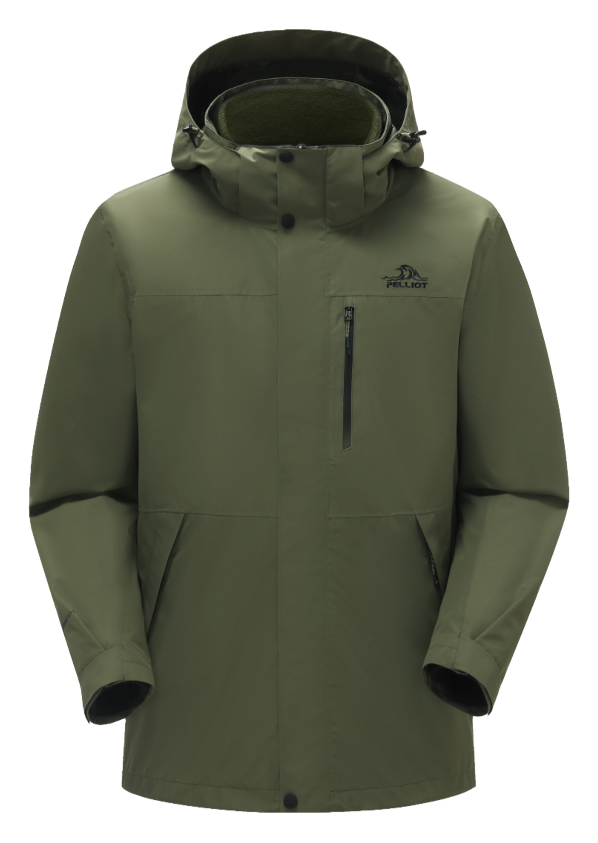 Olive green men’s hooded windbreaker jacket with standing collar and zip front