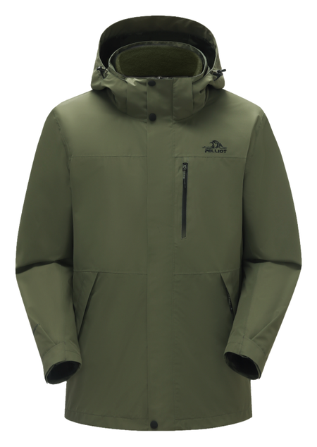 Olive green men’s hooded windbreaker jacket with standing collar and zip front