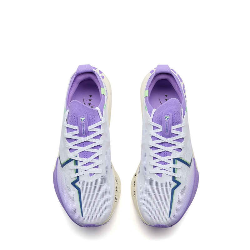 Women’s running shoes, white uppers with purple insoles and lace-up front panels