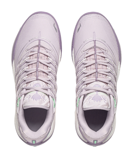 Pair of lavender low basketball shoes with lace-up uppers and cushioned collars