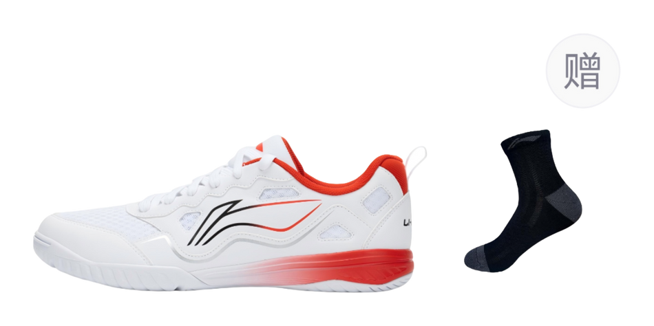 Unisex white table tennis shoe with red trim; includes black socks