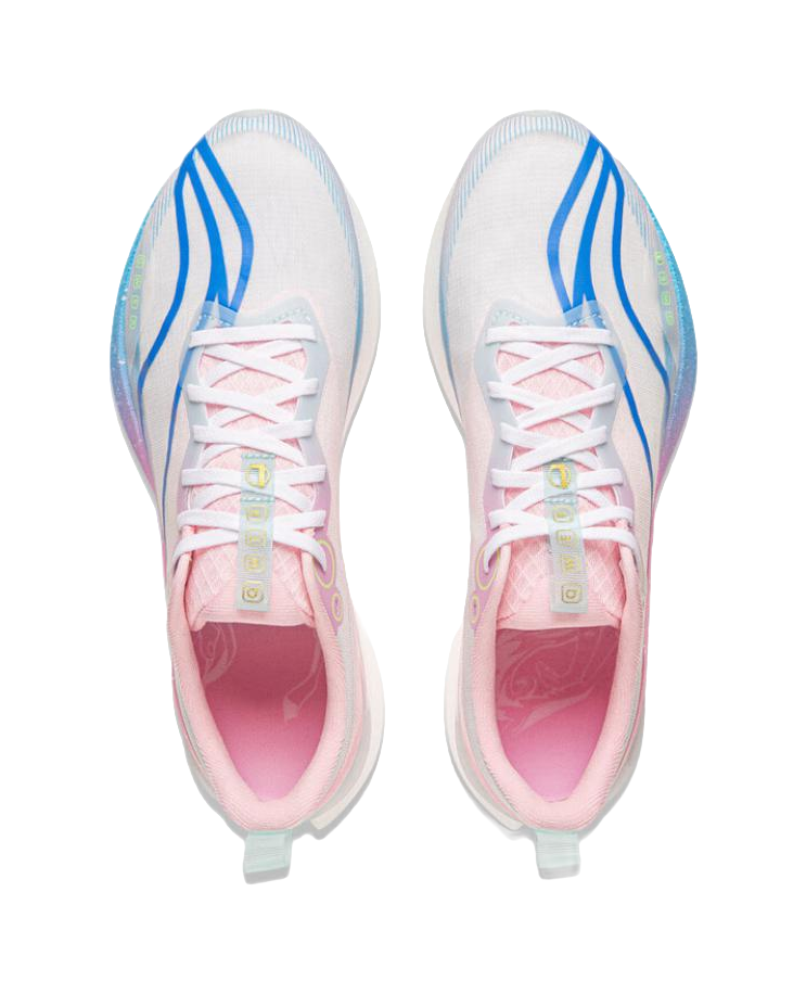 Pair of white and pink running shoes with blue accents, laces, and mesh tongue