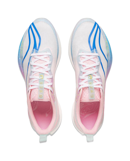 Pair of white and pink running shoes with blue accents, laces, and mesh tongue