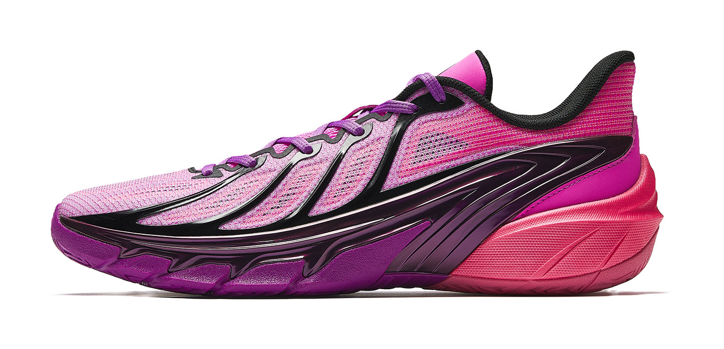 Men's low-top basketball shoes in fluorescent rose with black accents, lace-up.