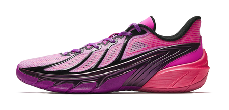 Men's low-top basketball shoes in fluorescent rose with black accents, lace-up.