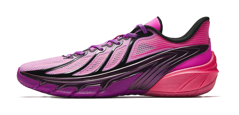 Men's low-top basketball shoes in fluorescent rose with black accents, lace-up.