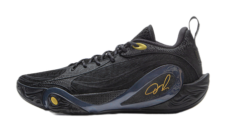Black low-top basketball shoe with gold accents and lace-up design