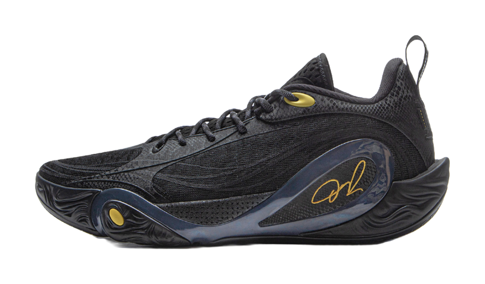 Black low-top basketball shoe with gold accents and lace-up design