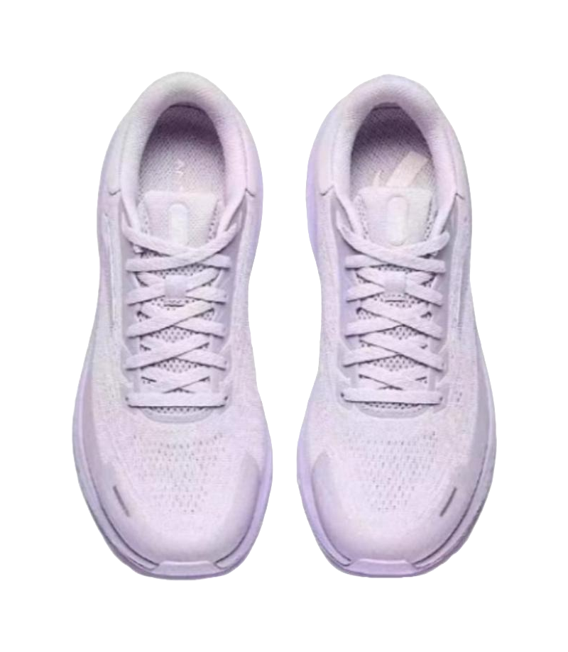 Women's low-top running shoes, front view in light purple with lace-up and tongue