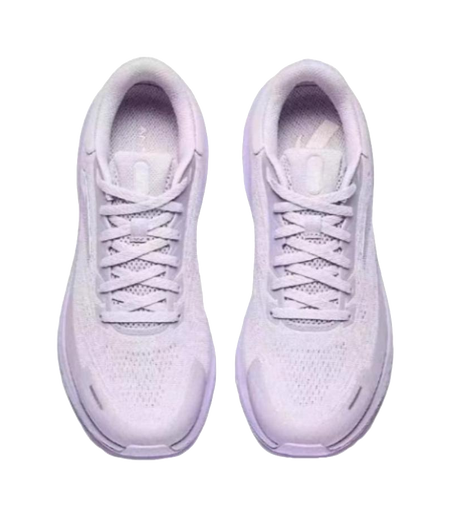 Women's low-top running shoes, front view in light purple with lace-up and tongue