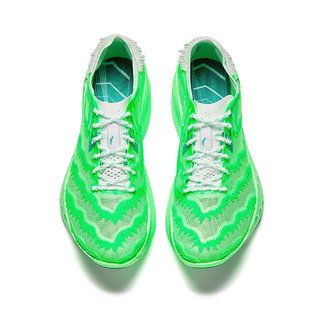 Marathon racing shoe pair, flash green knit upper with white laces, top view.