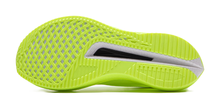 Neon yellow green running shoes, outsole side view, textured traction pattern