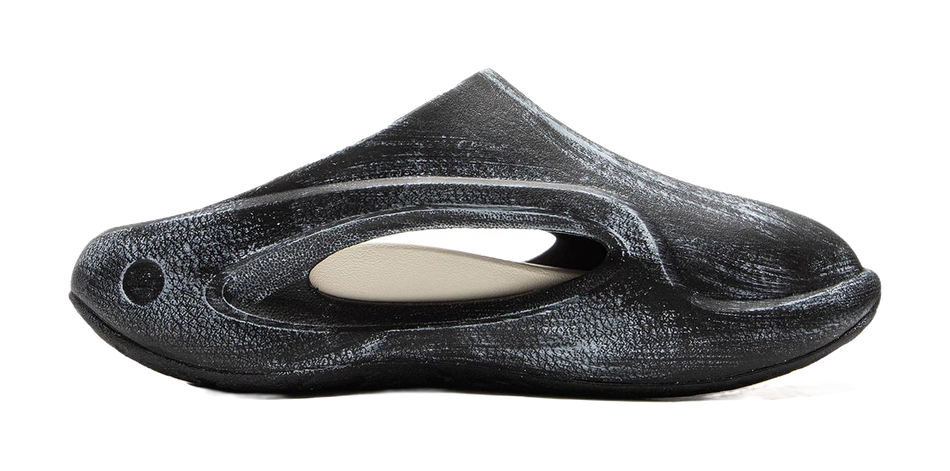 Black slide slippers with open toe, contoured footbed, and round cutout detail.