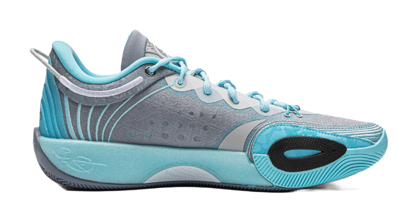Men's low-top basketball shoe, side view, light blue laces and black logo accents