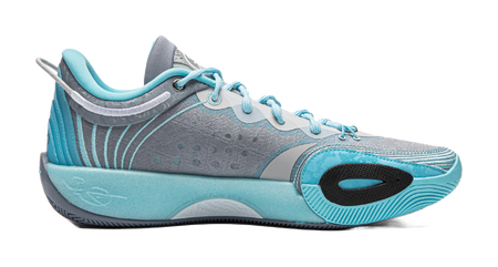 Men's low-top basketball shoe, side view, light blue laces and black logo accents