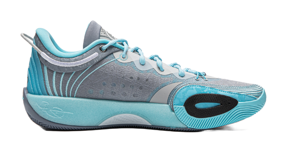 Men's low-top basketball shoe, side view, light blue laces and black logo accents
