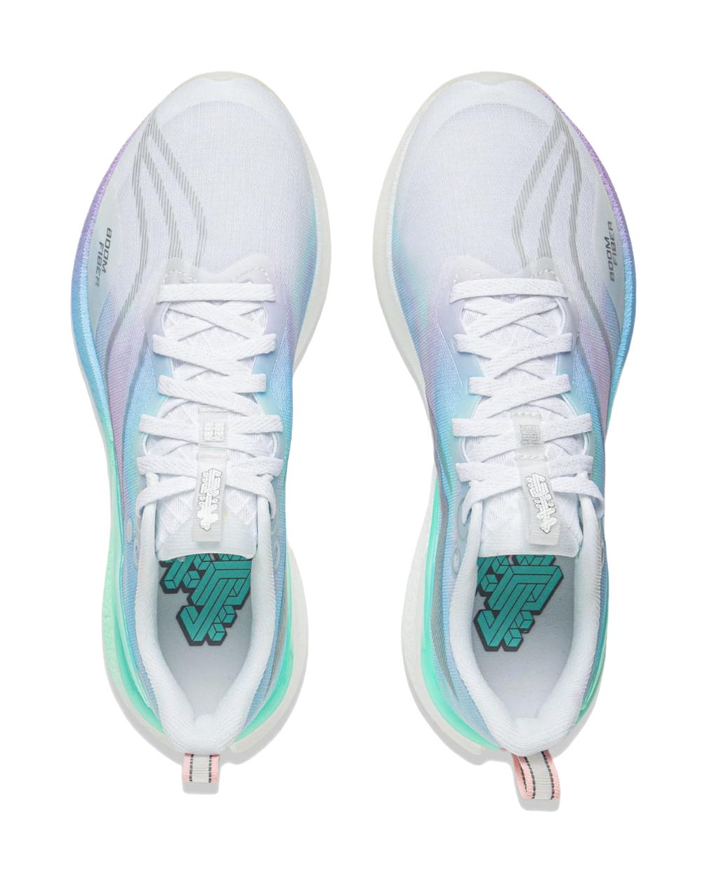 Pair of white lace-up running shoes with teal heel accents and green logo.