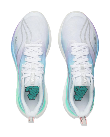 Pair of white lace-up running shoes with teal heel accents and green logo.