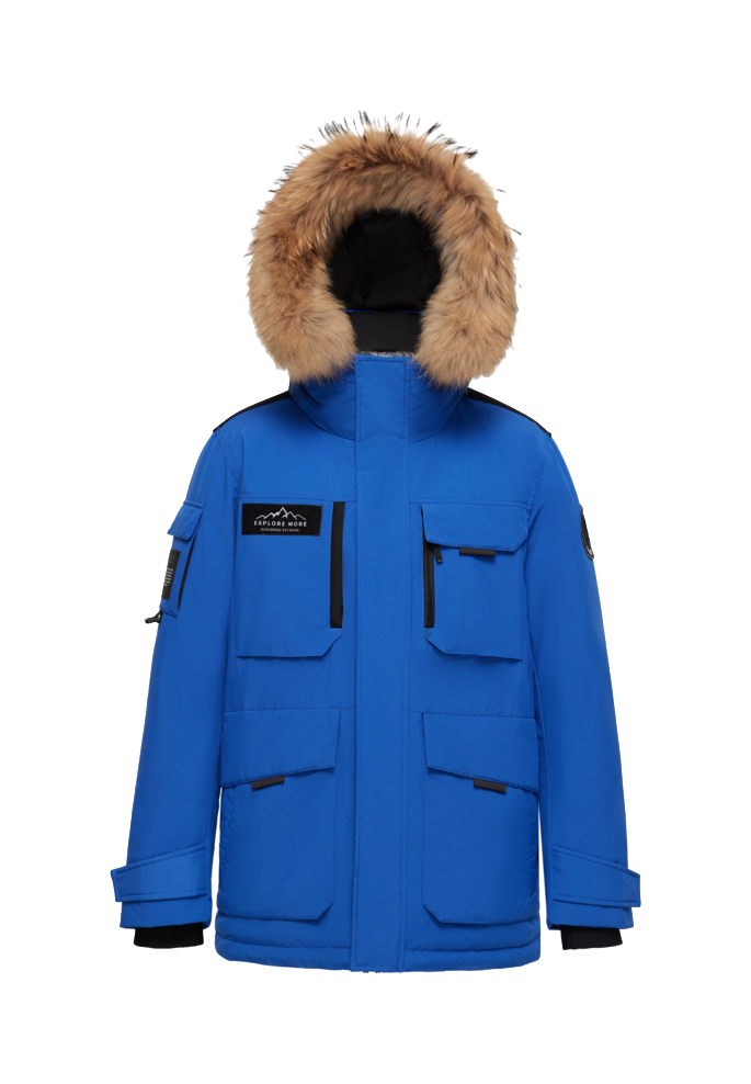 Bright blue winter down jacket with faux-fur hood, zip front, and side flap pockets