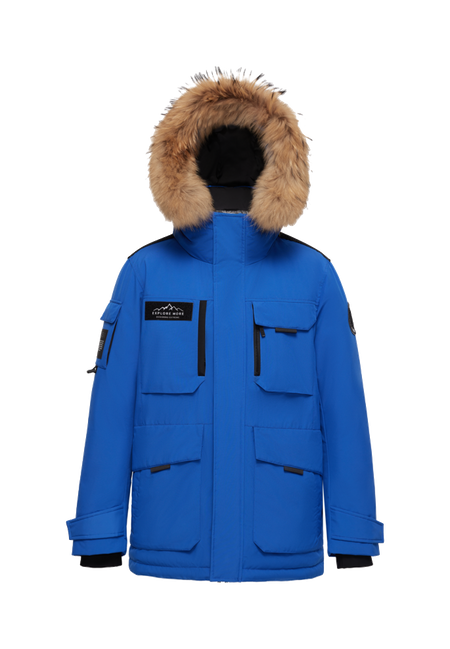 Bright blue winter down jacket with faux-fur hood, zip front, and side flap pockets