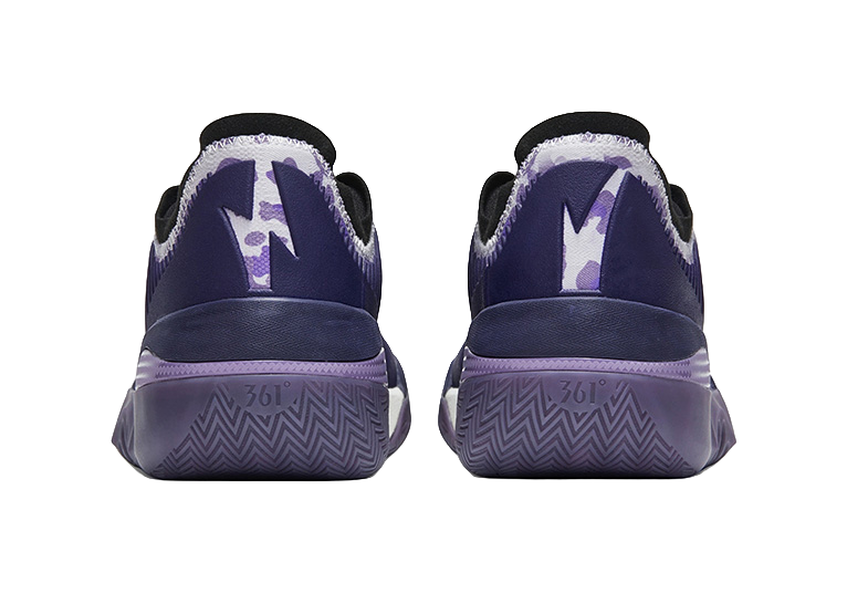 Back view of purple low basketball shoes with heel logo and zigzag outsole