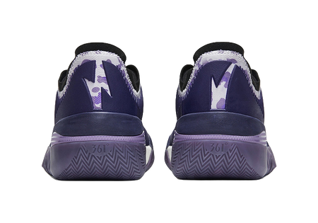Back view of purple low basketball shoes with heel logo and zigzag outsole