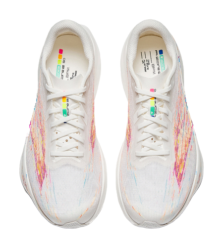 Pair of white running shoes with multicolor upper and lace eyelets