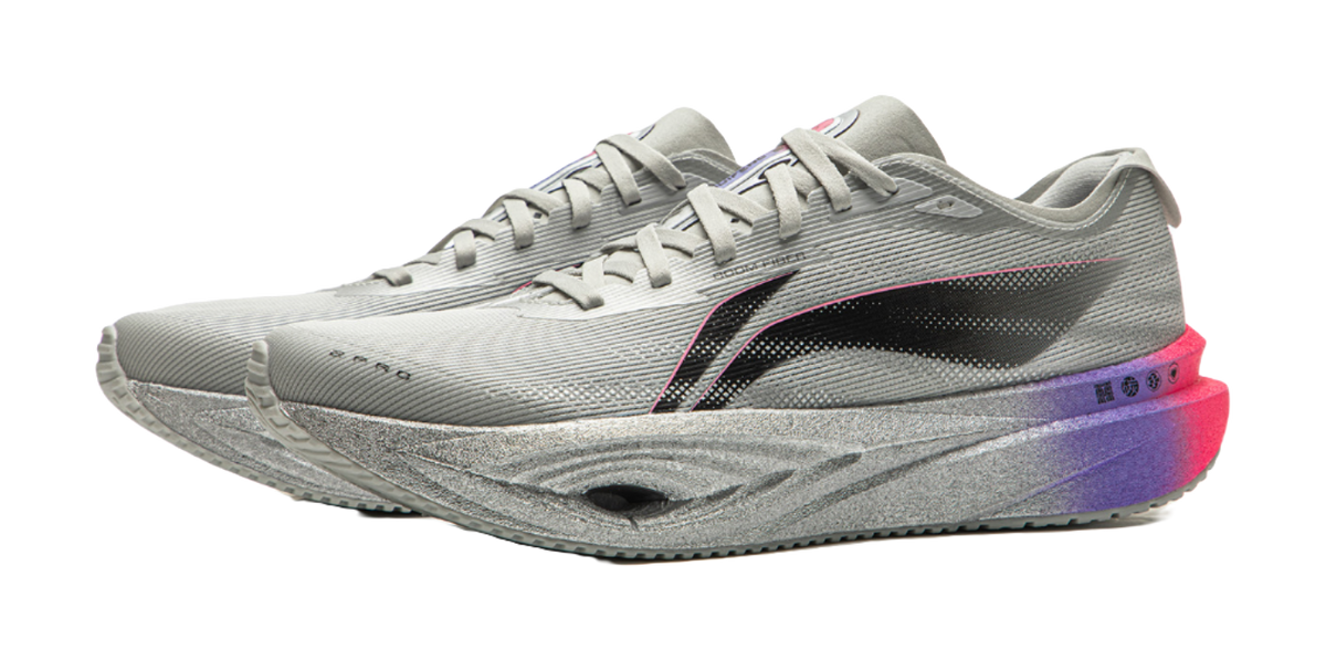 Li Ning low-top running shoes pair, gray upper with black logo and purple-pink sole