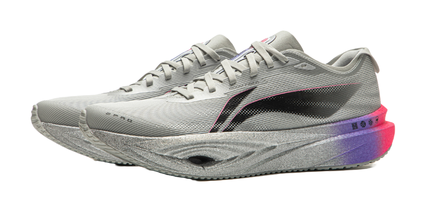 Li Ning low-top running shoes pair, gray upper with black logo and purple-pink sole