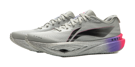 Li Ning low-top running shoes pair, gray upper with black logo and purple-pink sole