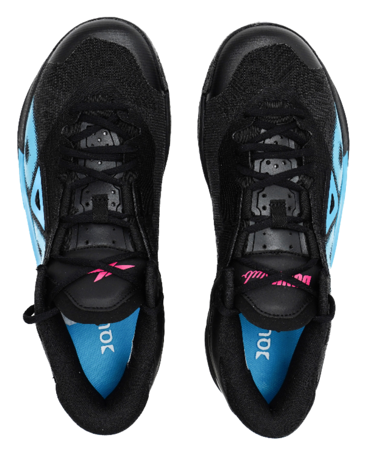 Black low-top basketball shoes with blue heel panels and lace-up forefoot.