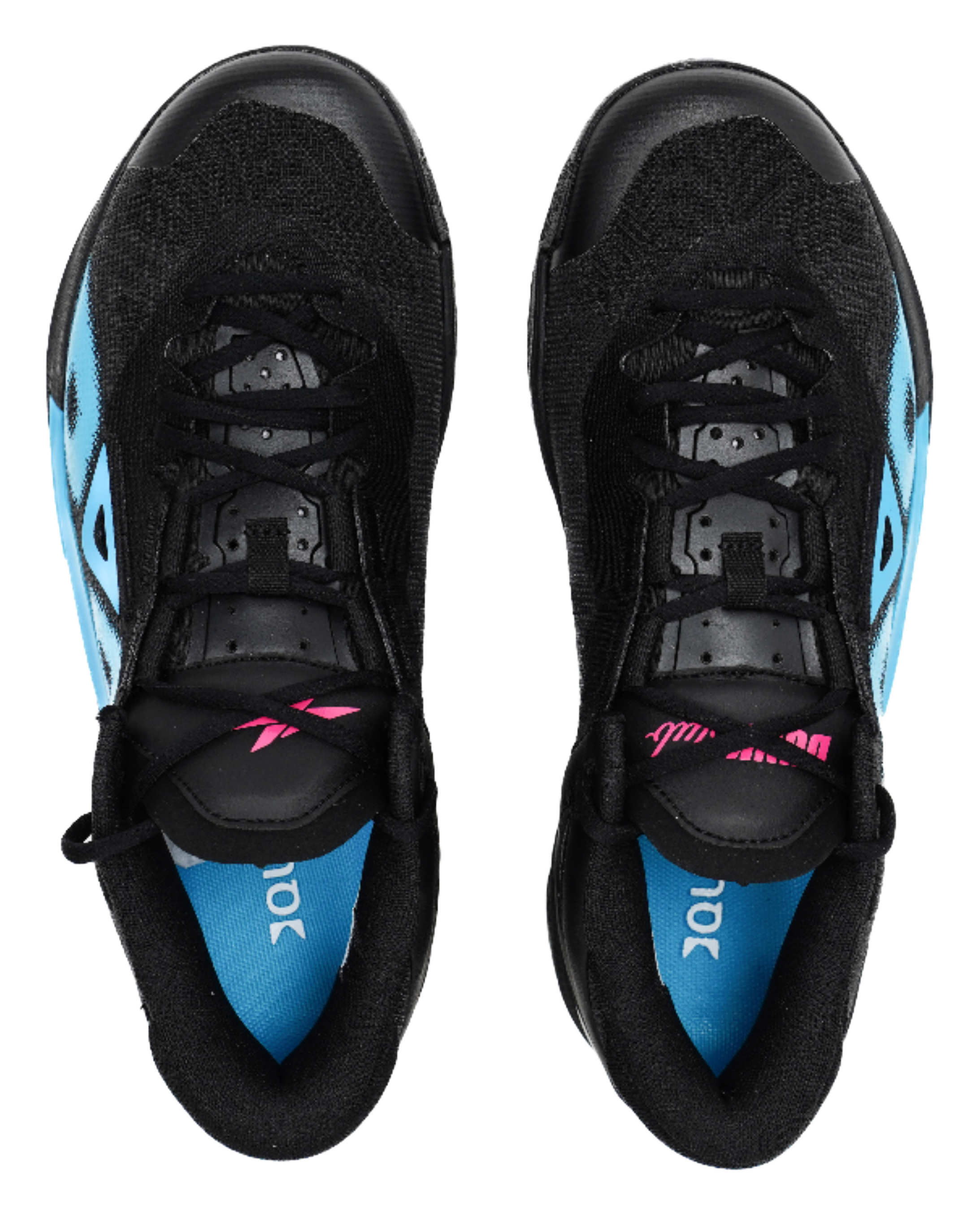 Black low-top basketball shoes with blue heel panels and lace-up forefoot.